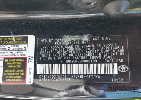 2009 Toyota Camry Se V6 from USA, damaged, VIN 4T1BK46K89U080409